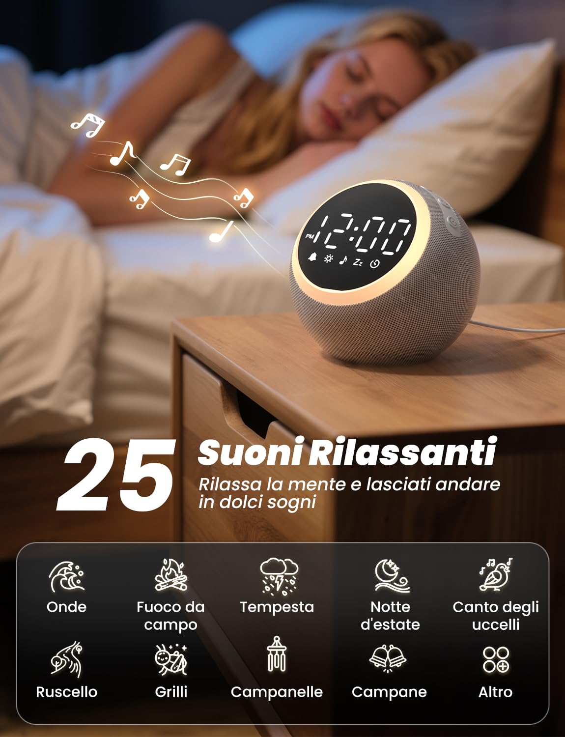 LIORQUE Sveglia con Rumore Bianco e Luce, Macchina Rumore Bianco, 25 Suoni Rilassanti, Volume Regolabile e Luce Notturna, Timer di Spegnimento, Ideale per Neonati, Bambini e Adulti
