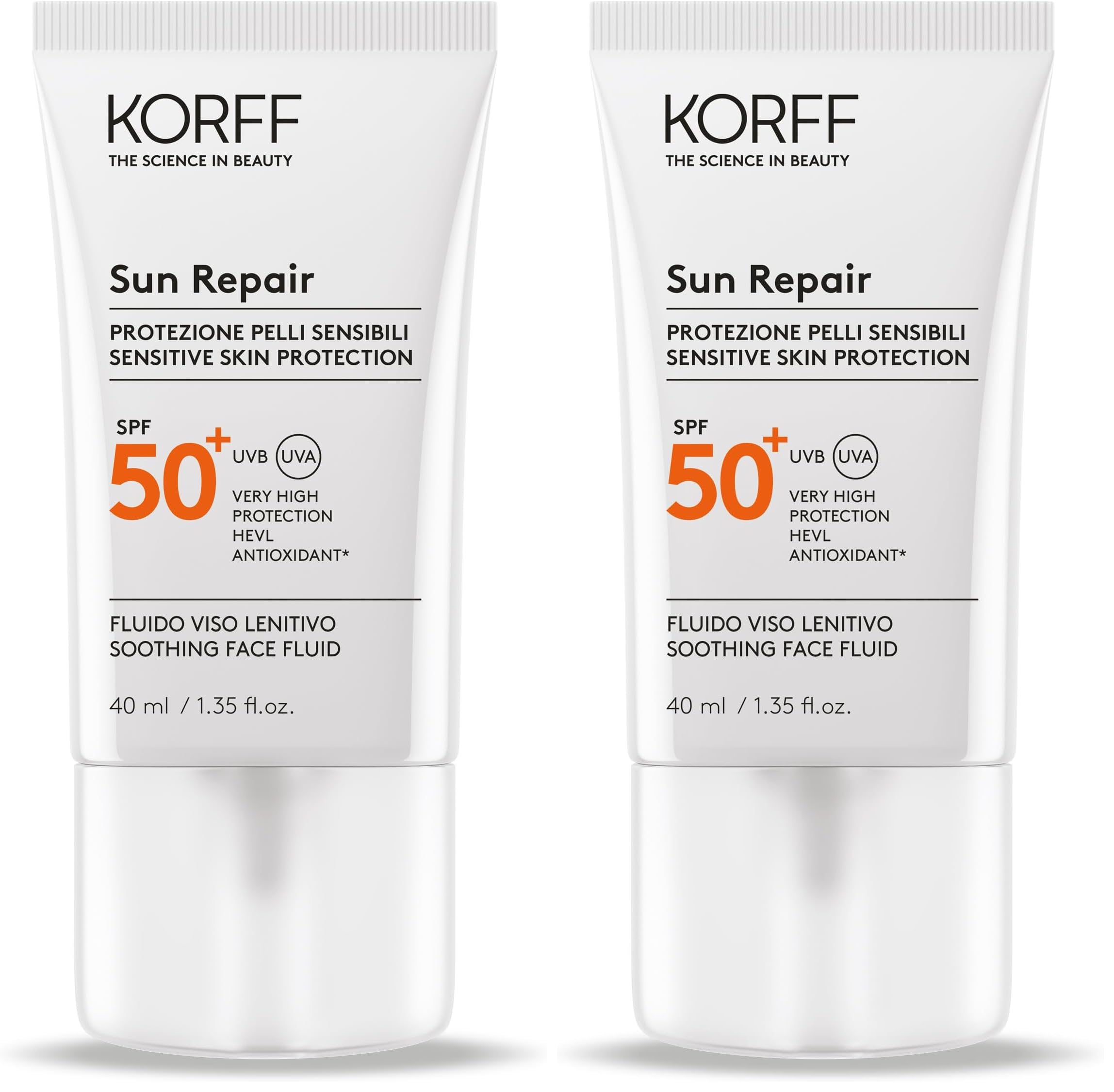 Korff Sun Repair Fluido Viso Lenitivo SPF 50+, Protezione Molto Alta, Lenitivo Istantaneo, Texture Leggera, Senza Tracce Bianche, Adatto a Pelli Sensibili, Confezione da 80 ml