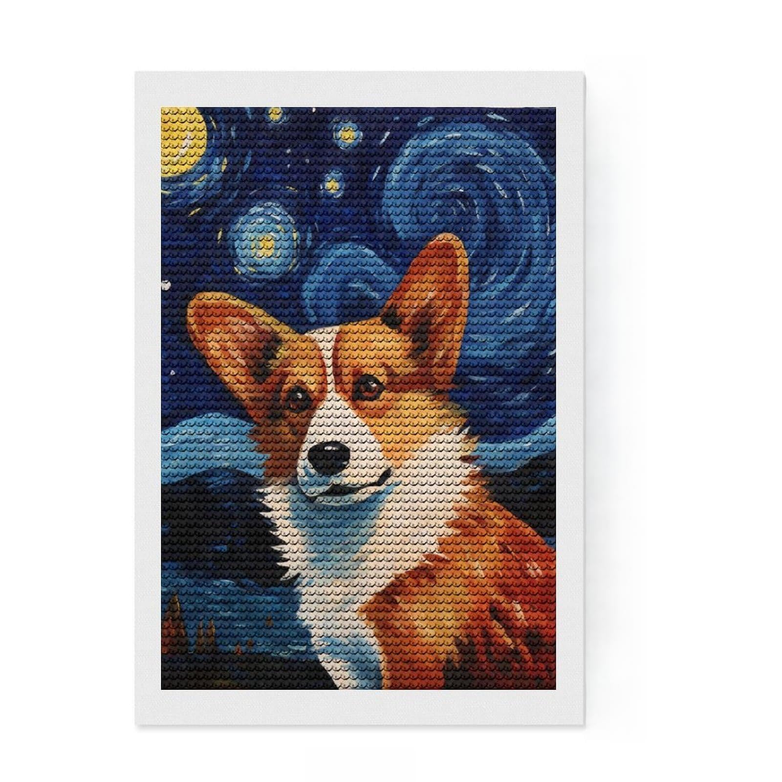 Junmoney Welsh Corgi Starry Night Diamond Art Kit 8"x12", Mindful Craft Activity, Office Decor, for Creative Relaxation, Thoughtful Handmade Gift