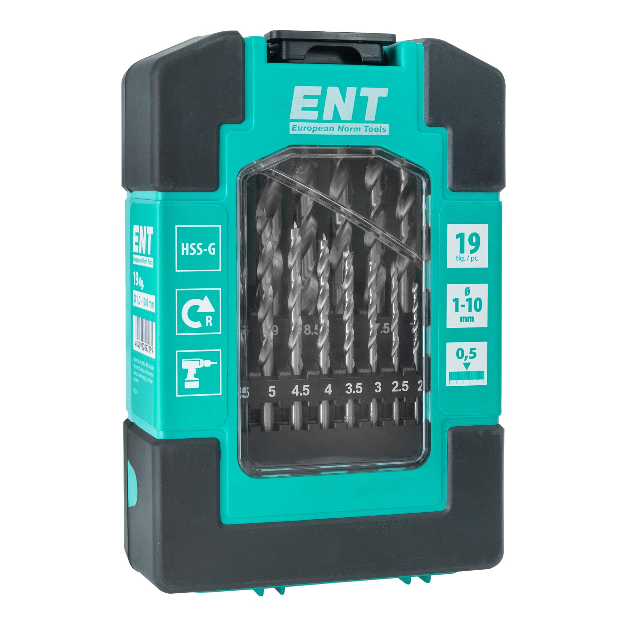 ENT 09219 Jeu de 19 Forets à Bois HSS - 1-10 mm - par Gradations de 0.5 mm