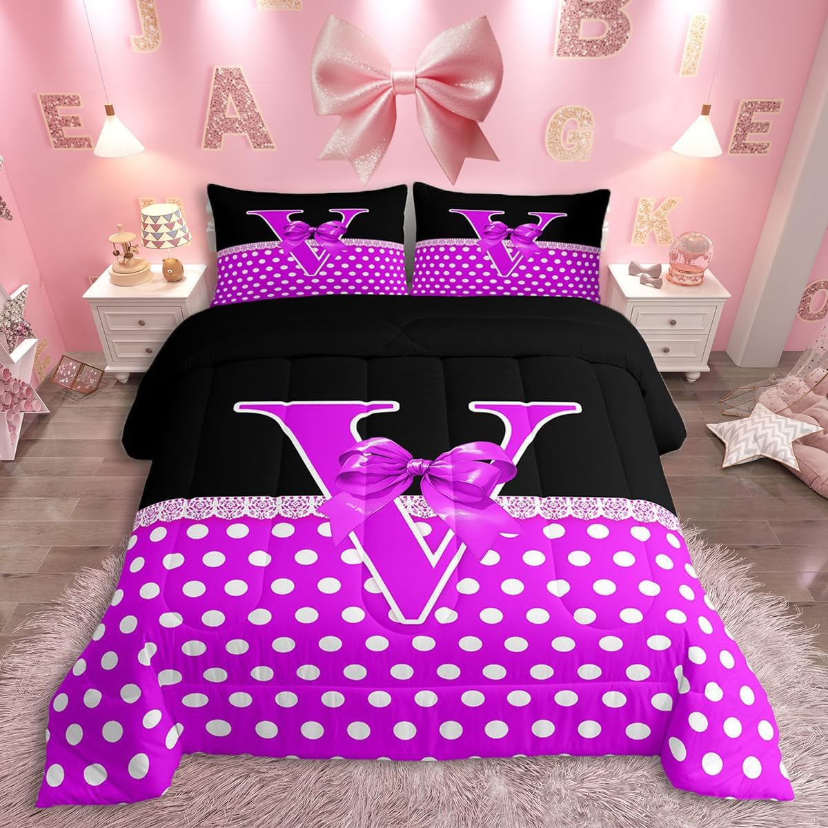 jejeloiu Bowknot Bedding Set Soft for Boys Girls,Personalized Letter V Comforter Set Twin Size Romantic Princess Style Duvet Quilt Monogrammed Room Decor Initials V Decor 2 Pcs with 1 Pillow Cases
