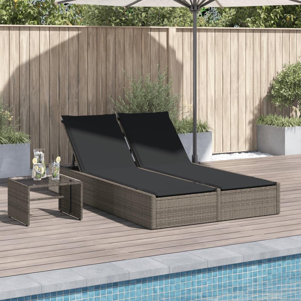 Podwójny leżak do opalania, szary polirattan, z 3-stopniową regulacją oparcia, 2 poduszki, malowana proszkowo rama stalowa, 123 x 200 x 28 46 61 72 cm, do rekreacji na świeżym powietrzu