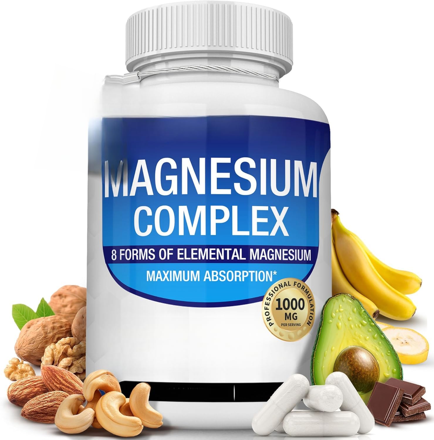 Magnesiumkomplex, 8 in 1, – Glycinat, Citrat, Malat für einfache Absorption, unterstützt Entspannung, Schlaf, Muskelfunktion und Knochengesundheit, Oxid, Aspartat, Orotat, gentechnikfrei
