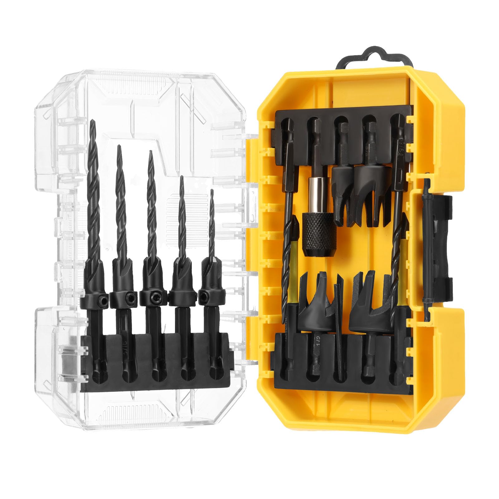 15 Pcs Countersink Drill Bit Set Tapered Drill Bits High Speed Steel Wood Plug Cutter 1/4" Hex Shank Quick Change for Woodworking with Storage Box(Yellow Box)