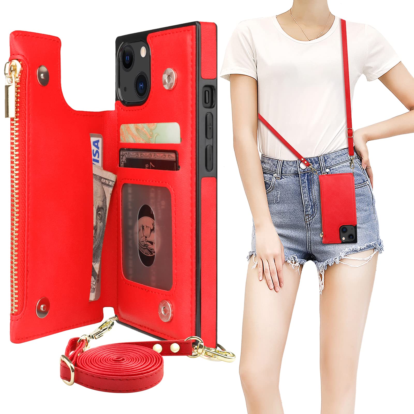 Bocasal Crossbody Wallet Case for iPhone 13 with RFID Blocking Card Slot Holder, Magnetic Flip Folio Purse Case, PU Leather Zipper Handbag with