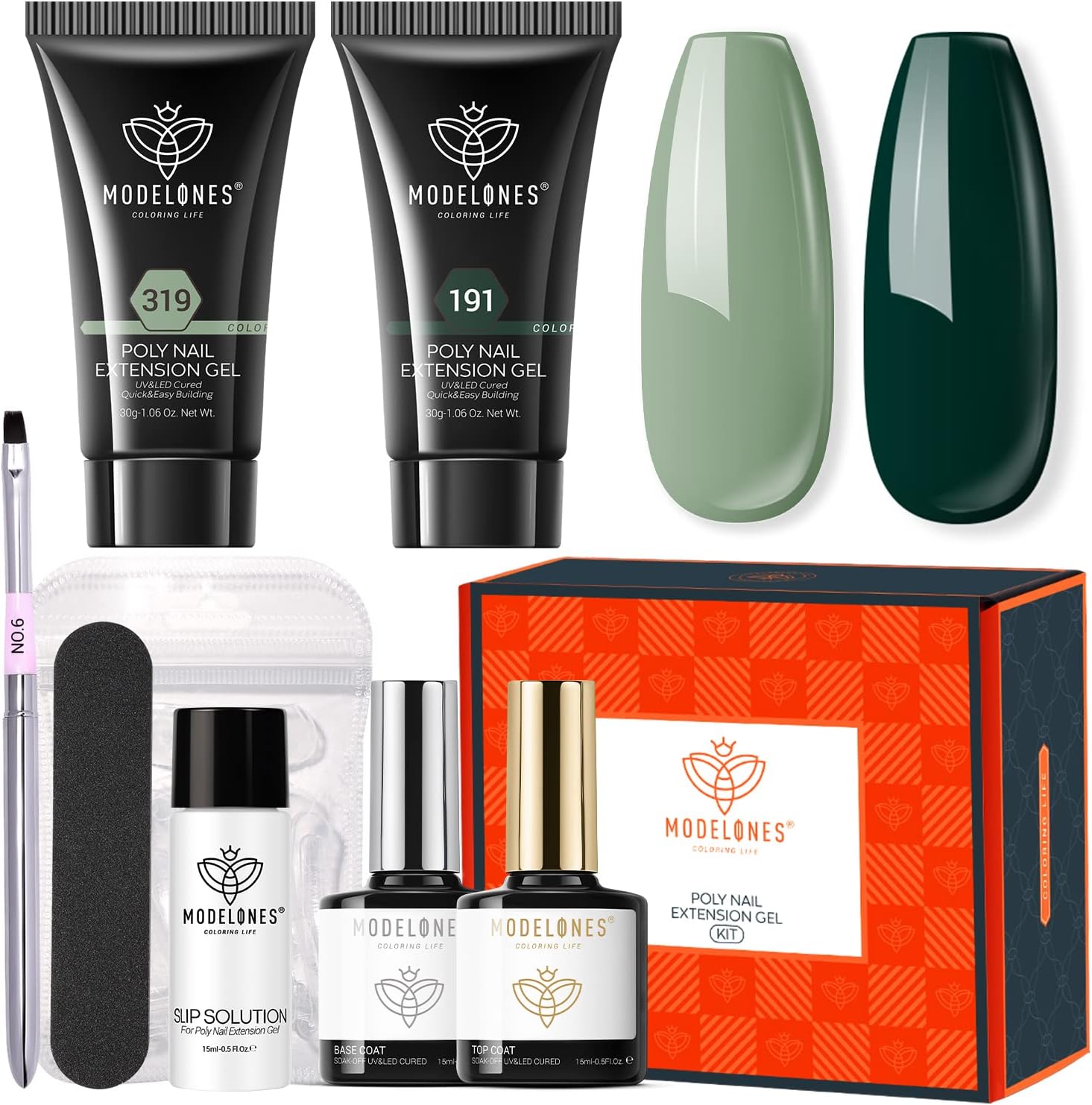 Modelones Poly Nail Gel Kit 30ml 2PCS Eucalyptus Green Dark Green Extension Builder Enhancement Professional Starter Kit Nail Technician French Kit