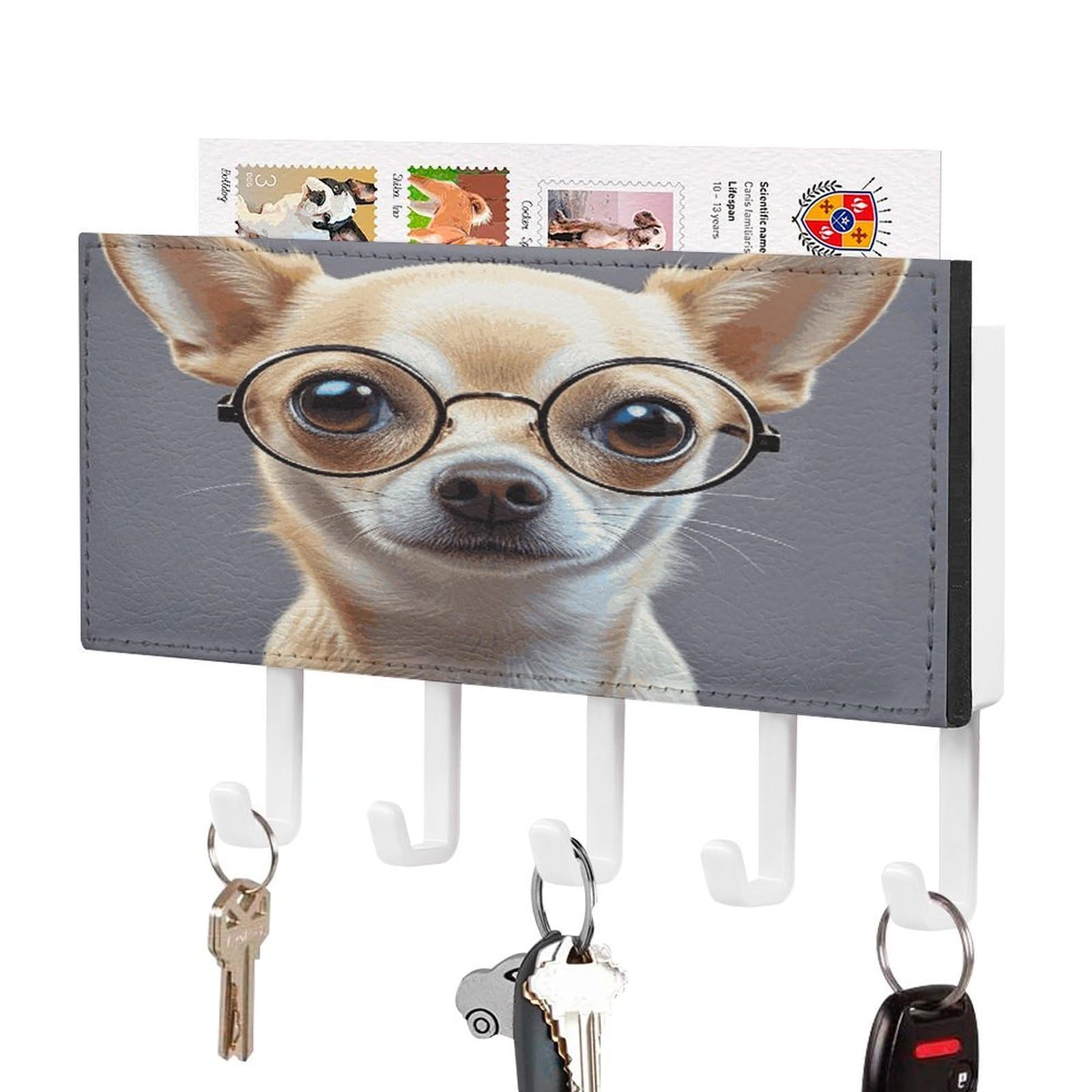Fekiloot White-Style Chihuahua Dog Glasses Key Holder Wall Mount Decorative Key And Mail Holder With 5 Hooks Key Hanger Organizer Pu Key Rack Decorative Home Decor For Wall Living Room Entryway Office