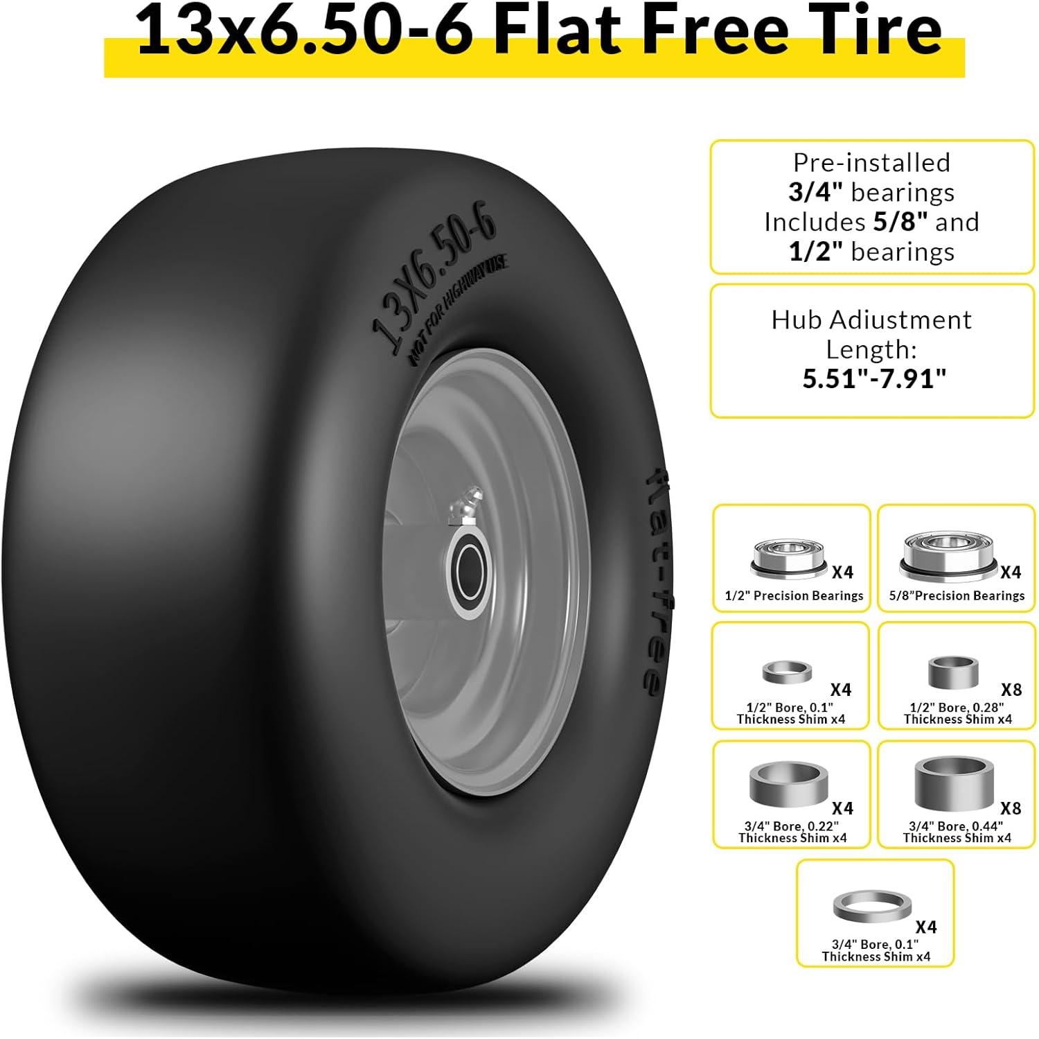 TEPU 13x6.50-6 Flat Free Lawn Mower Tire & Wheel, Replacement for Zero Turn Mowers, 13x6.5-6 Front Lawn Mower Tire, 500Lbs Load, With 3/4" & 5/8" & 1/2" Bearing, 5.5"–7.9" Center Hub, 2Pack Gary