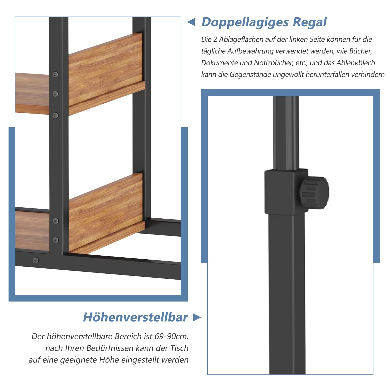 Dripex Scrivania per Computer con Ruote Tavolino 80x40x89 cm Altezza Regolabile Tavolo PC Salvaspazio Mobile per Laptop con Ripiani per comodino, tavolino da caffè, camera da letto (Marrone Scuro)