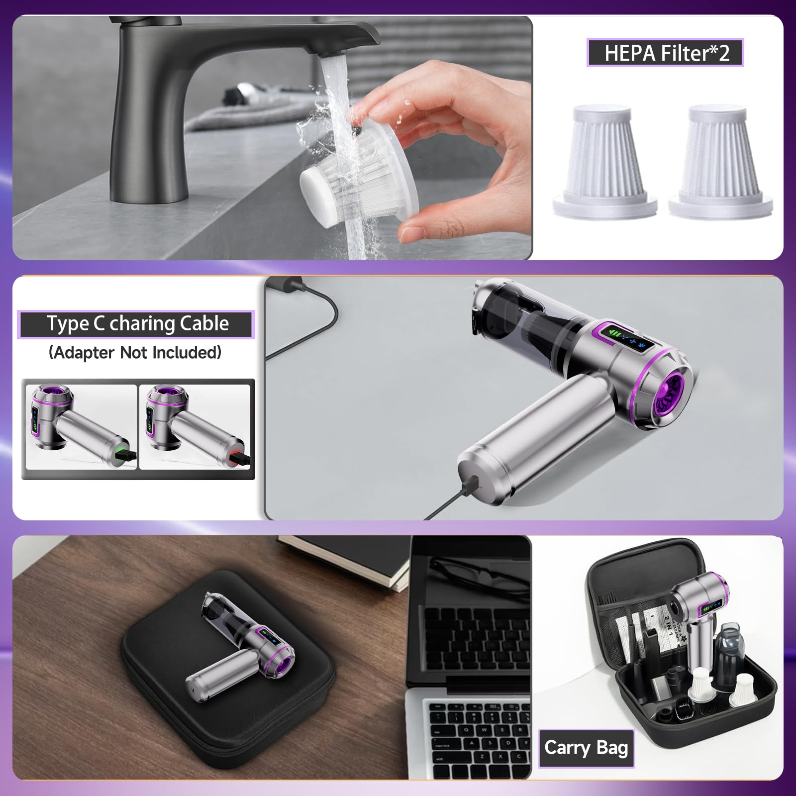 Aspirateur à Main Rechargeable, aspirateur Voiture Puissant | Aspirateur portable pour nettoyer voiture, bureau et poils d'animaux, livré avec étui rigide et tuyau flexible rallonge