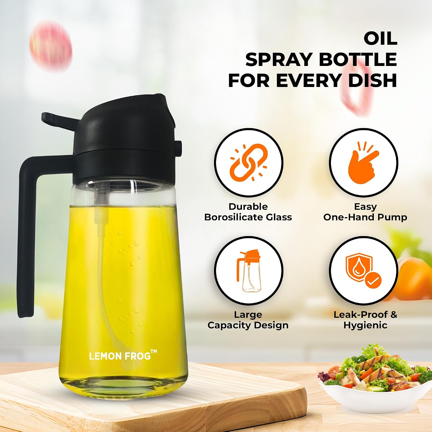 Oil Dispenser/Sprayer Glass Bottle for Kitchen- 2 in 1 Premium Design, 470mL/16oz for Day to Day Cooking, Barbecue, Air Fryer, Salad Prep- Leak Proof & Clean Operation.