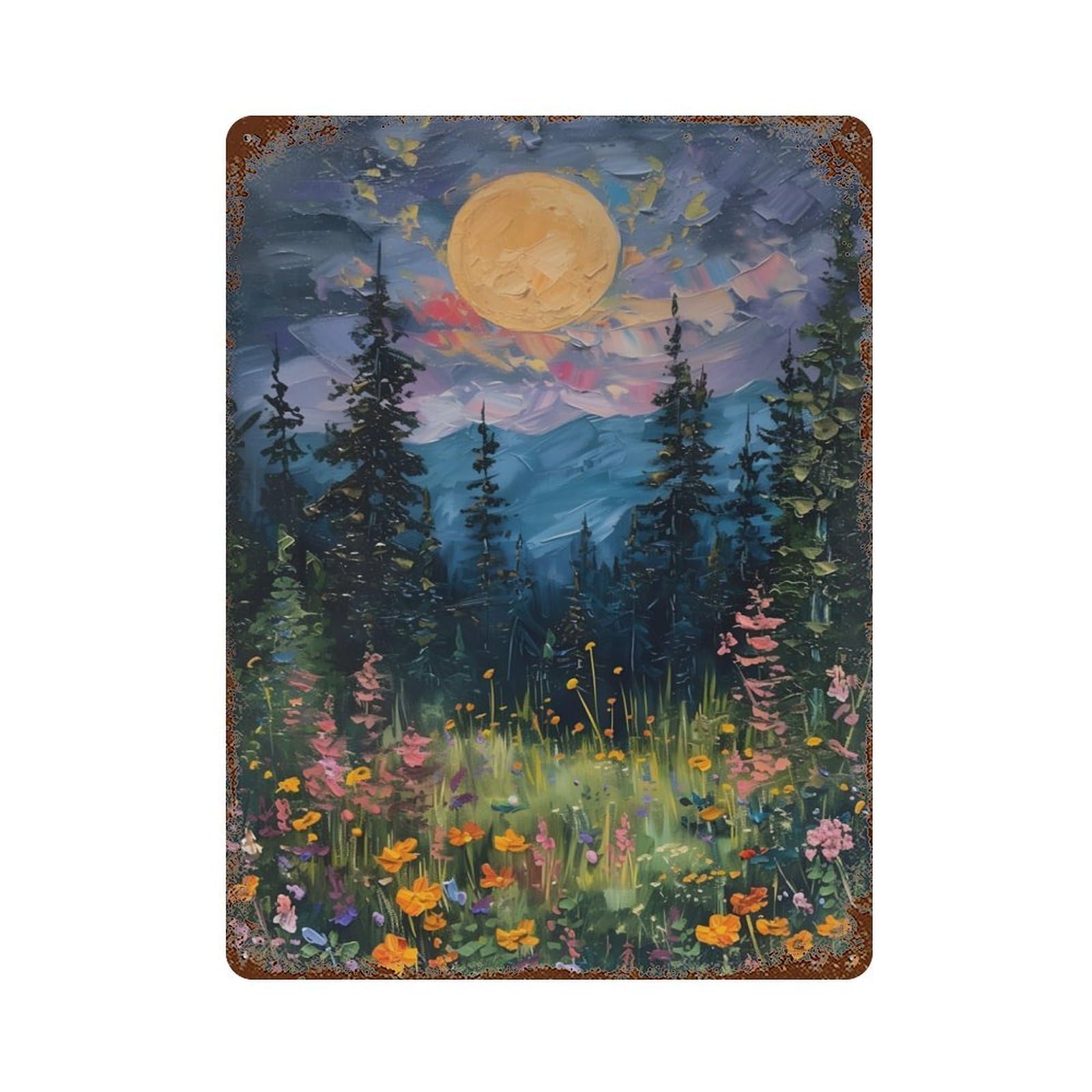 xiaoxiaoshen Moon Above The Wildflowers And Woodland Wall Decor Art Metal Tin Poster Modern Home Decor Art Home Bar Shop Decorations Vintage Sign 40x30cm