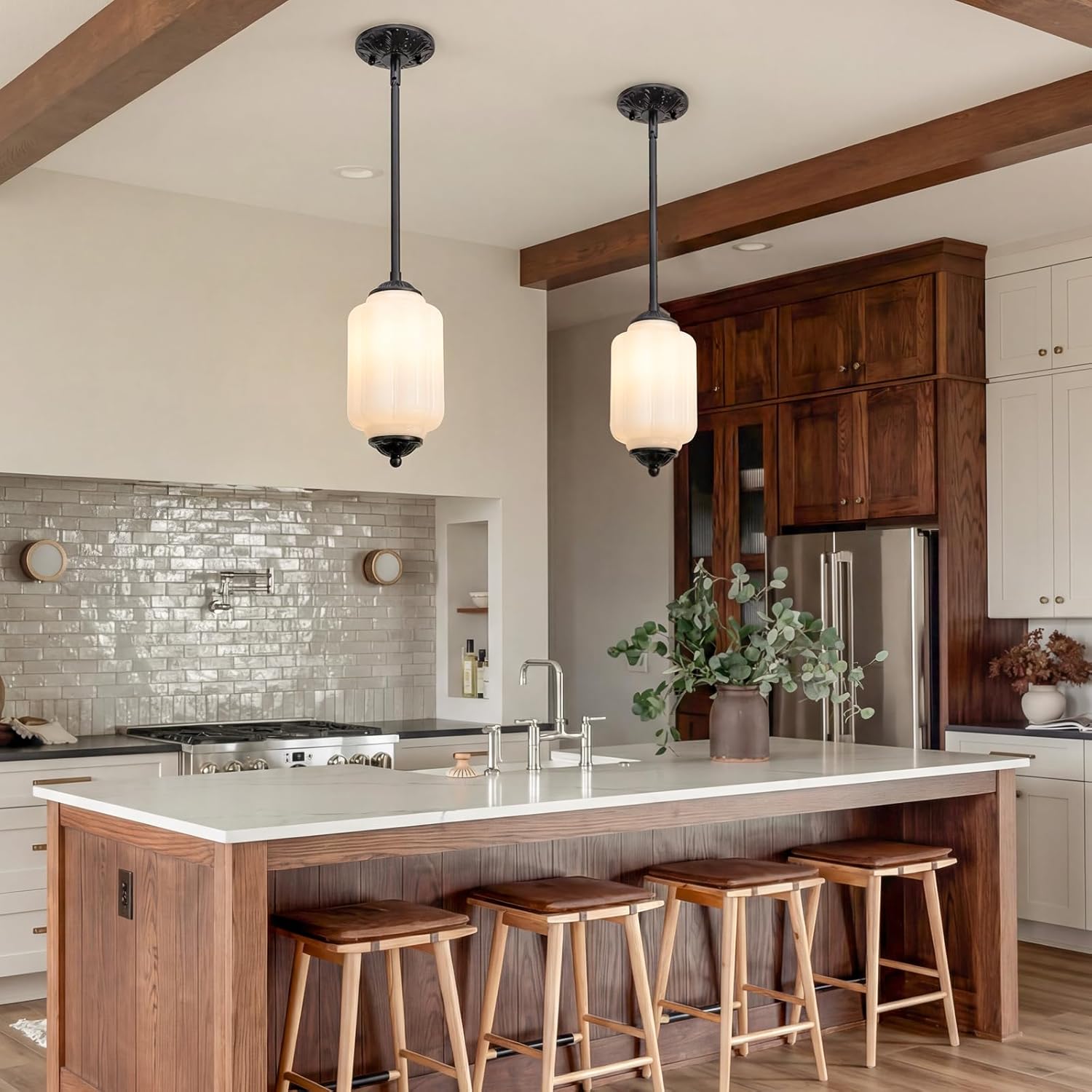 Farmhouse Pumpkin Pendant Light Vintage Milk Glass Shade, Brass Color Adjustable Canopy, Retro Industrial Glass Ceiling Light Fixture for Dining Room, Entryway，Kitchen Island (Black White)