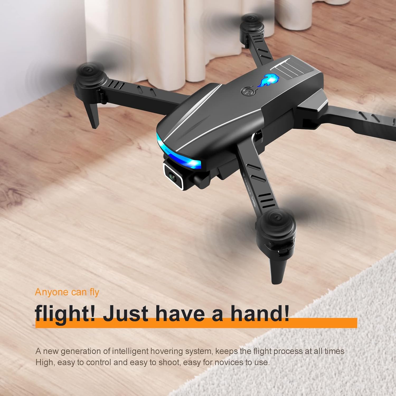 Drone hovering indoors, demonstrating stable flight