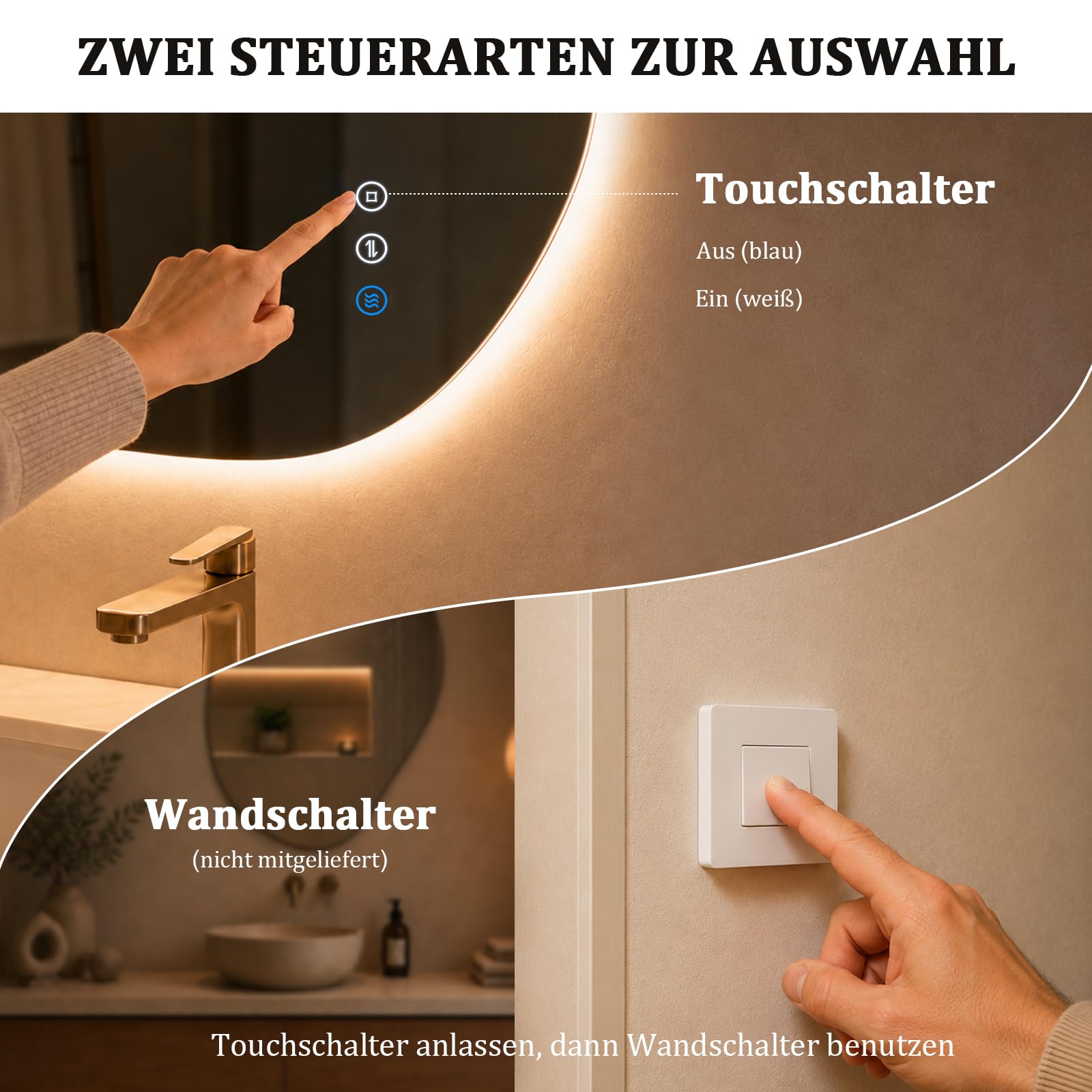 Miroir asymétrique avec éclairage, miroir de salle de bain LED avec interrupteur tactile, 3 couleurs de lumière à intensité variable, anti-buée, miroir de salle de bain avec éclairage 80 x 53