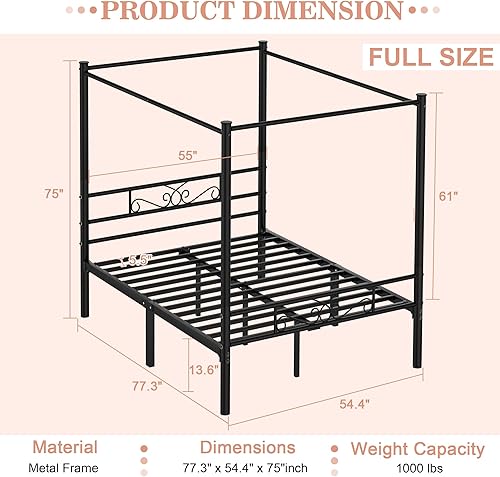 Miniatura 2 de Marco de cama con dosel de metal de tamaño matrimonial, marco de cama con dosel de cuatro carteles con cabecera y estribo, estructura de listones de