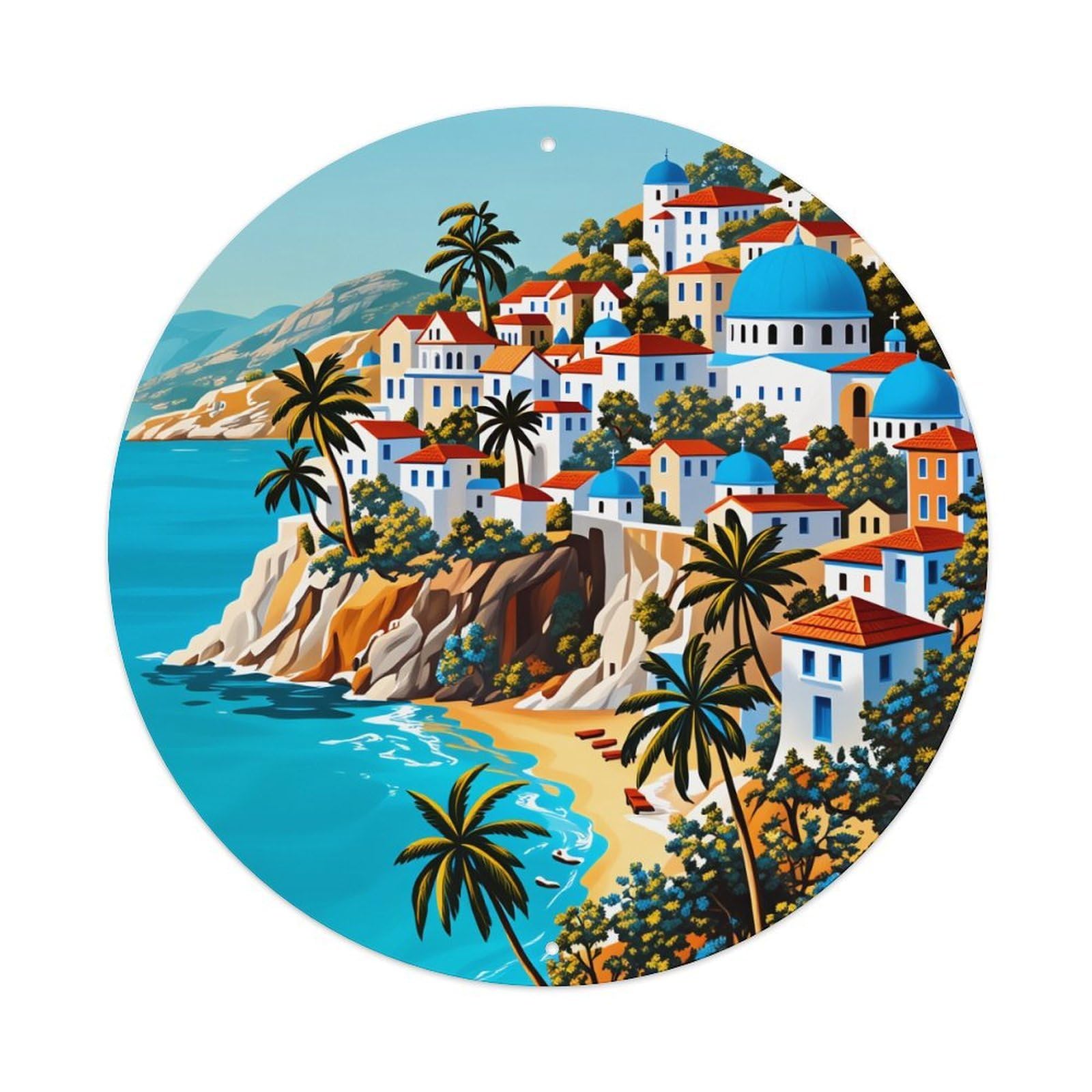 Coastal Village With Blue Domes And Palm Trees Round Tin Sign Vintage Style Metal Sign Home Bar Garden Wall Plaque Decor Metal Poster 8x8 Inch