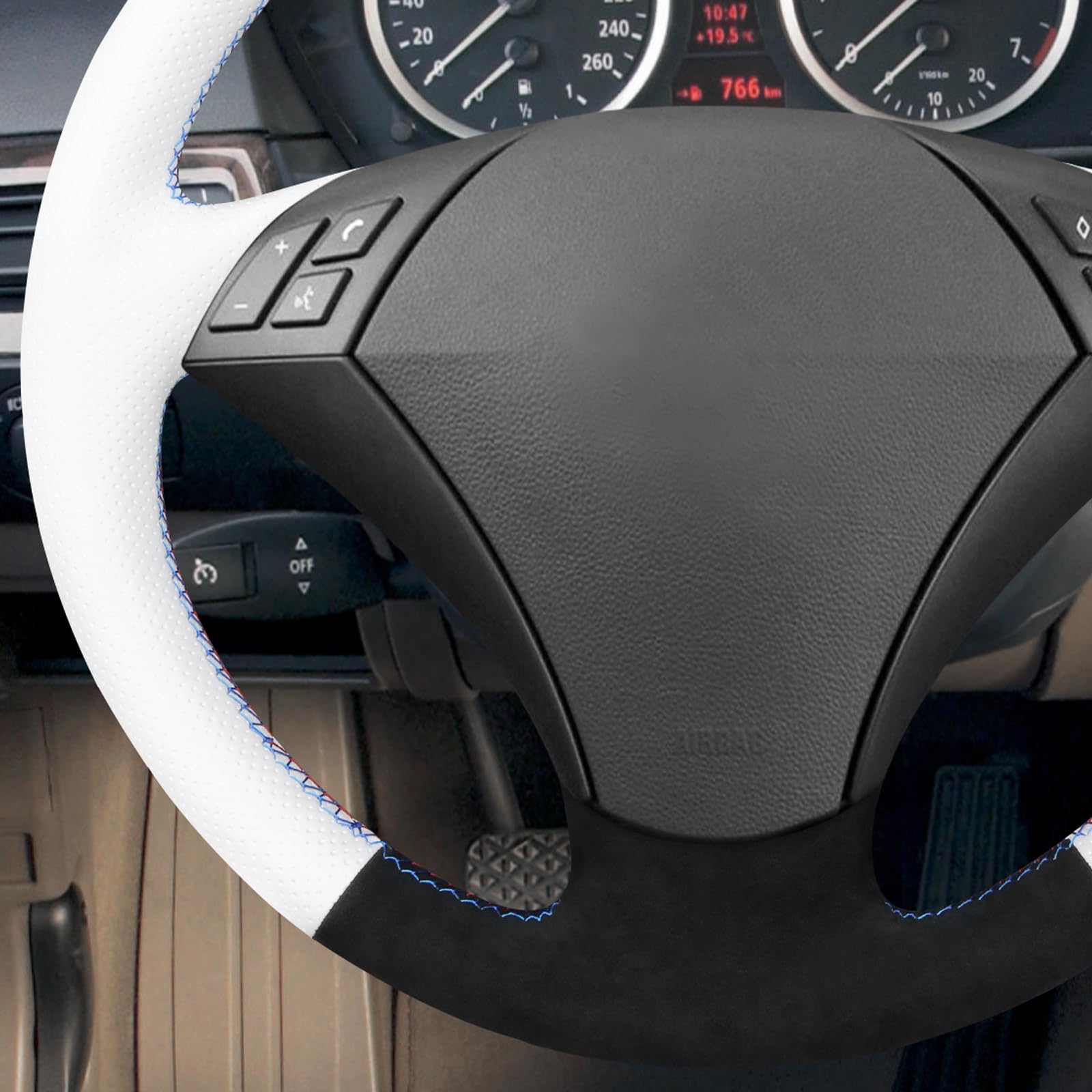 MEWANT funda para volante de cuero blanco con costura DIY para E60 (sedán) 530d 2003-2009 E61 (touring) 2004-2009 Accesorios para volante para E60 530