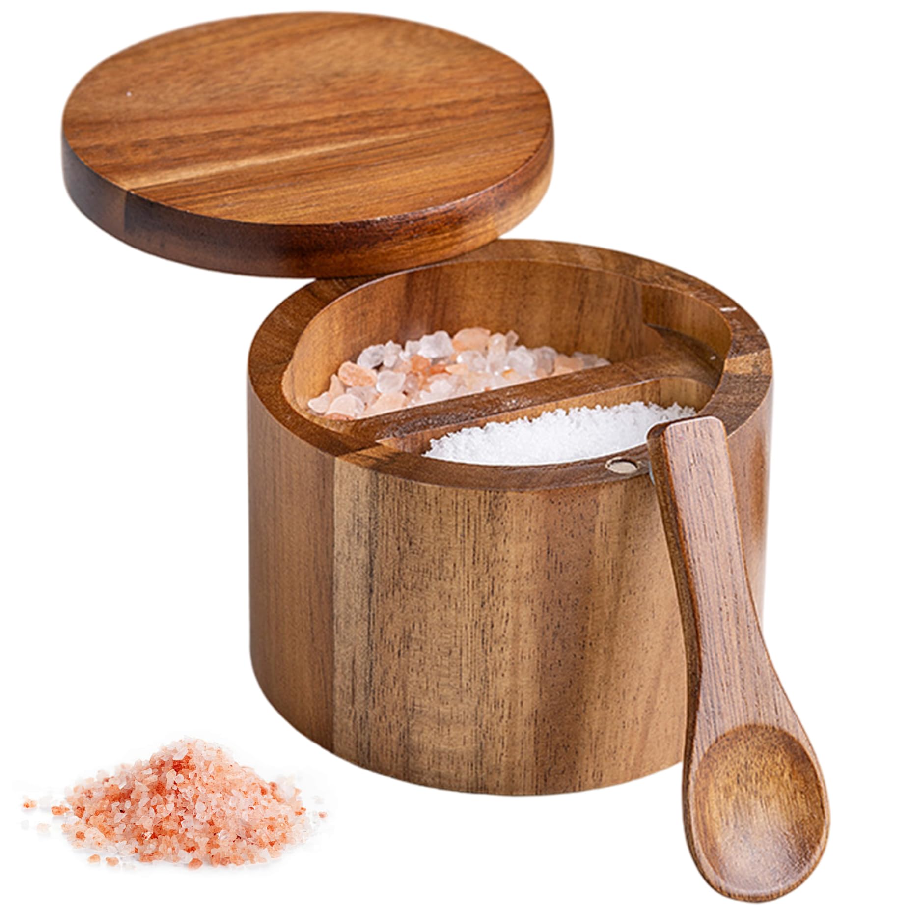Otbushit Dark Brown 2 Compartment Salt Cellar With Lid Container With Spoon Wooden 3.5X2.8 Magnetic Swivel Lid Smooth Spice Box For Kitchen Countertop
