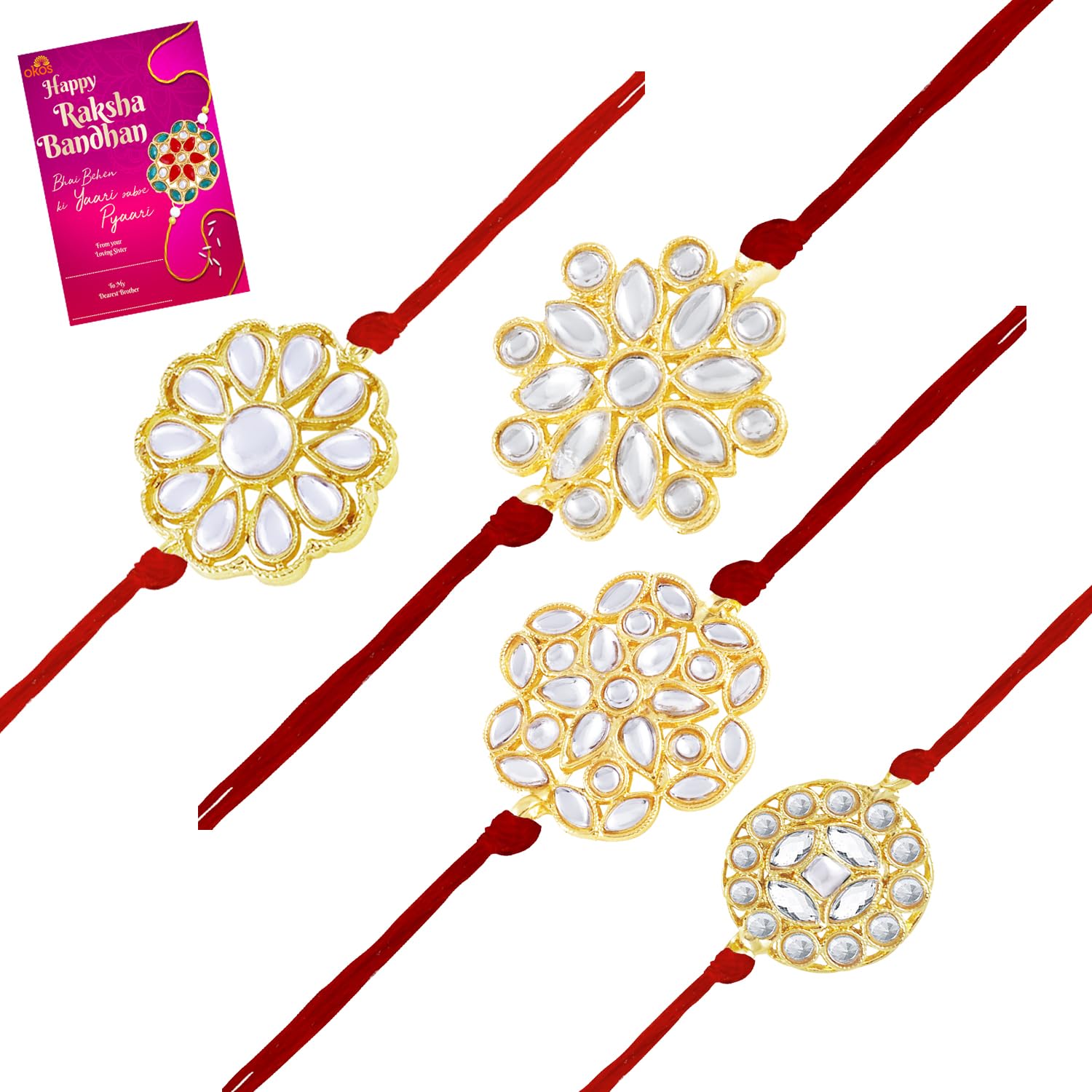 Okos Gold Plated Rakshabandhan Bracelet Combo of 4 White Kundan Elements Studded Rakhi Gift With Greeting Card- Rakhi For Brother Bhaiya, Bhai CO1000446GLD (B0C857S1GR) Amazon Price History, Amazon Price Tracker