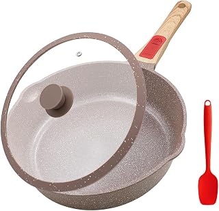 AIKENBBKK ceramic pan 24 cm with lid, non-stick ceramic coating frying pan 24 cm with removable handle, suitable for all types of stoves, oven safe (Brown)