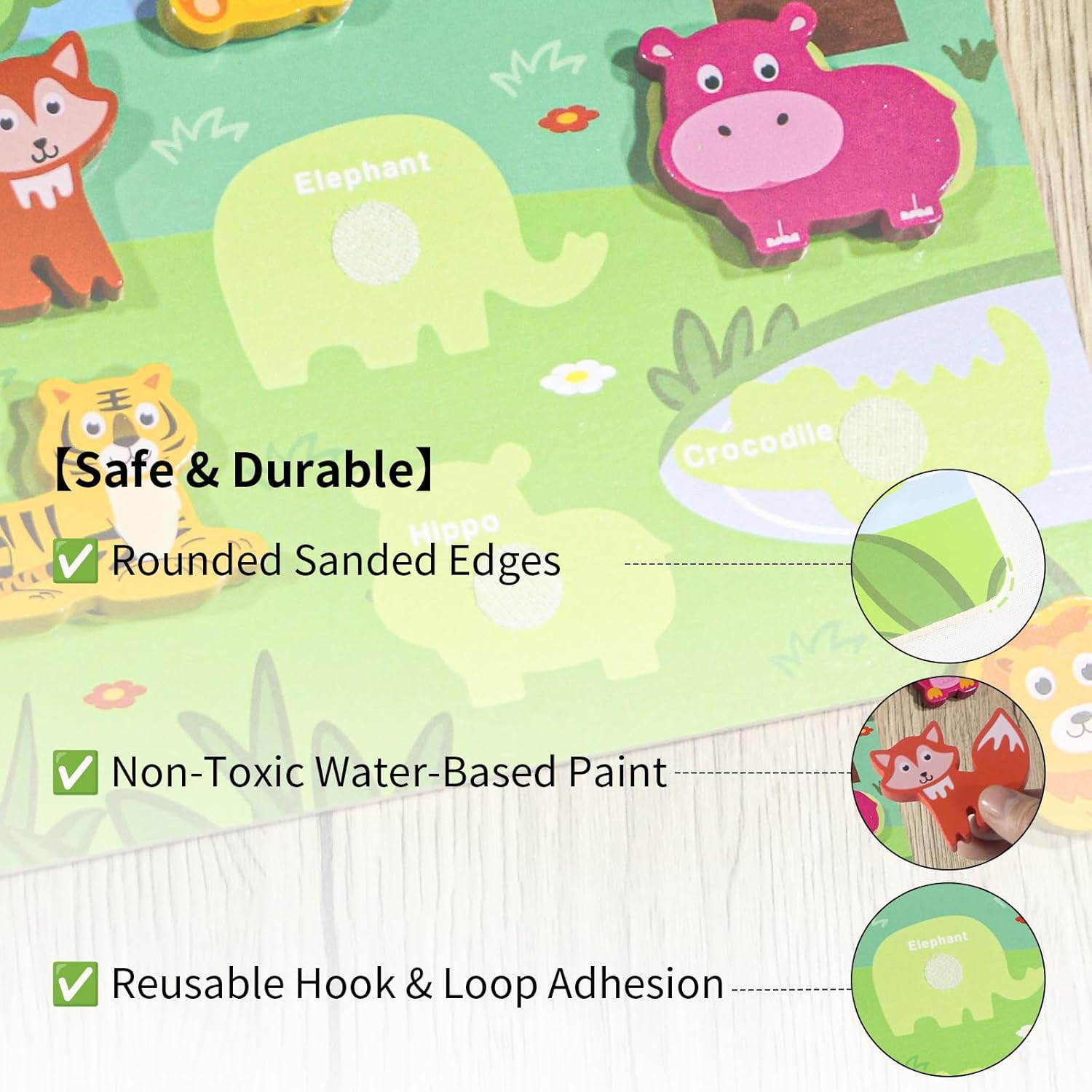 Montessori Puzzles for Toddlers | 4-in-1 Hook & Loop Wooden Puzzles | Early Learning Toys for Jungle Ocean Transportation Fruit Themes