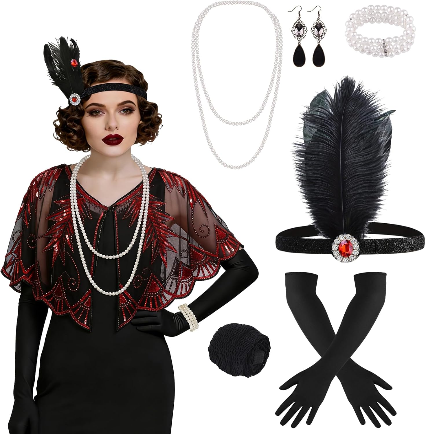 ELECLAND 10 Pieces 1920s Flapper Gatsby Accessories Set Fashion Roaring 20's Theme Set with Headband Headpiece for Women