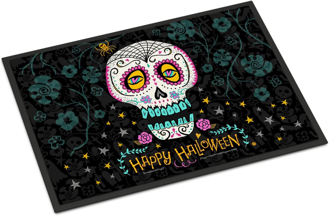 Caroline's Treasures VHA3035MAT Happy Halloween Day of The Dead Doormat 18x27 Front Door Mat Indoor Outdoor Rugs for Entryway, Non Slip Washable Low Pile, 18H X 27W