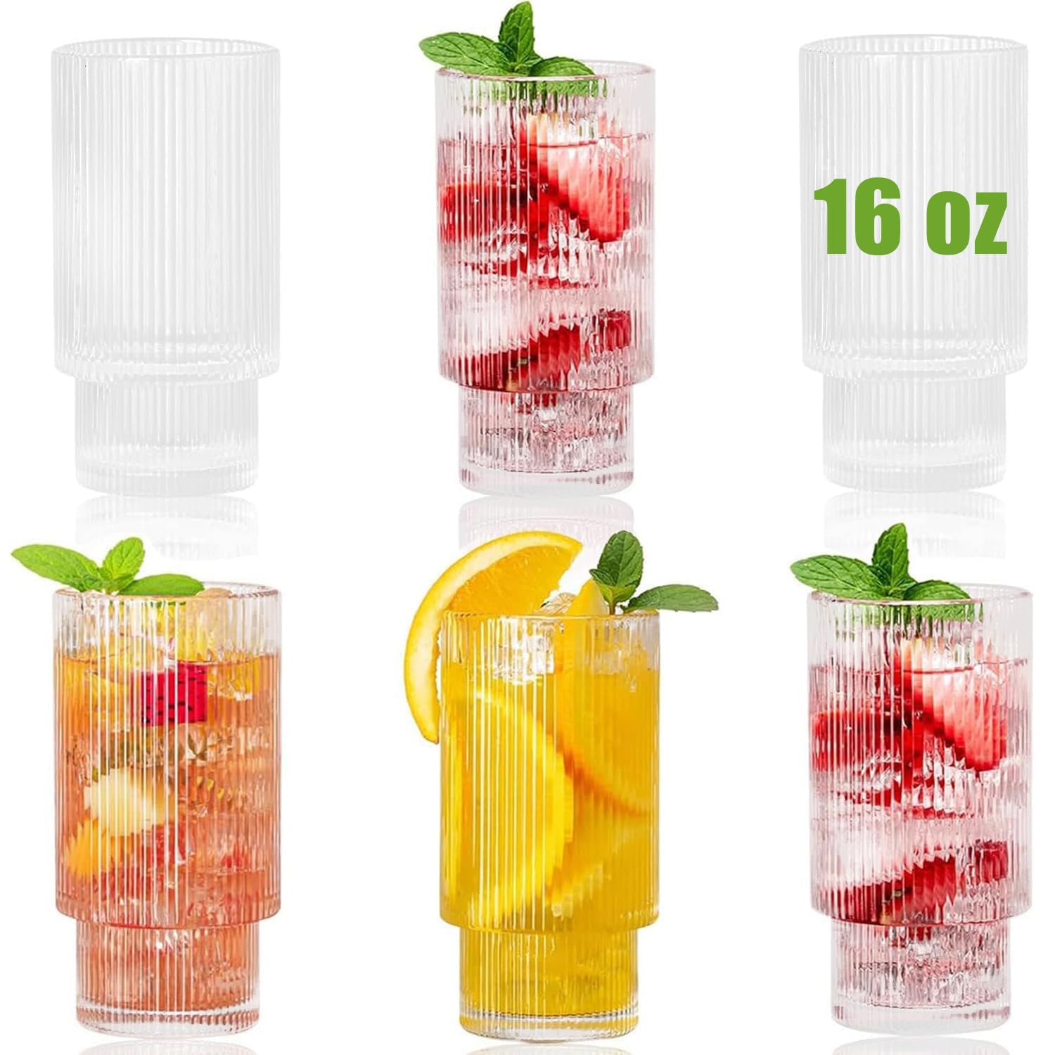 Ribbed Glassware Vintage Drinking Glasses - 16 oz Glassware Stackable Highball Origami Style Glass Cup Fluted Vertical Stripes