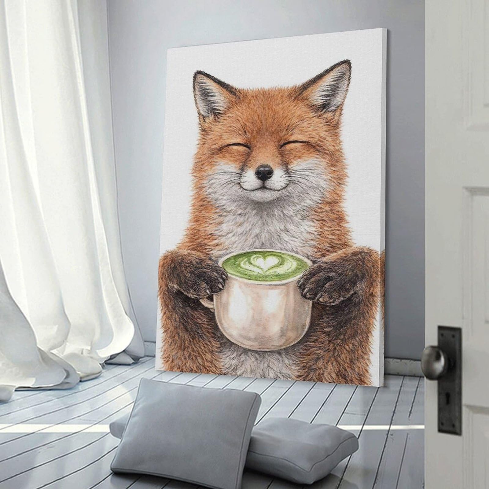 Junmoney Fox Enjoying Matcha Latte Wall Decor Canvas Print 20x30inch(50x75cm), for Sofa Walls, Lounge Or Home Corners, Modern Wall Decor for Cosy Interiors