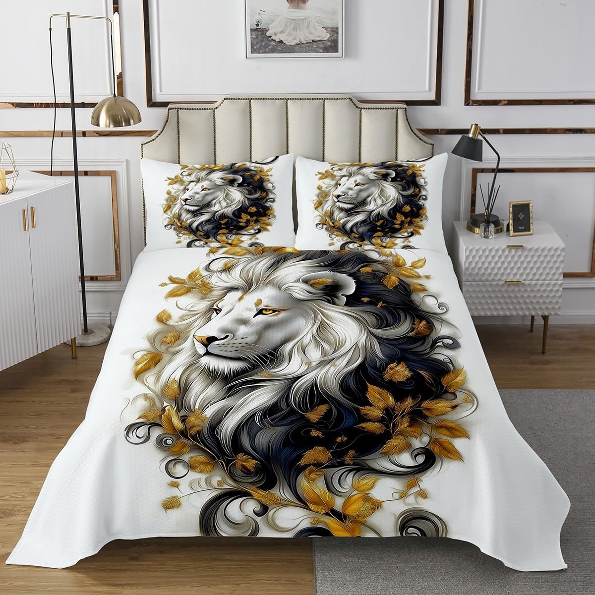 Exotic Gold Flowers Bedspread King,Wildlife Animal Quilted Coverlet 3pcs for Adults Teens Room Decor,Lion Soft Breathable Bedding Quilt