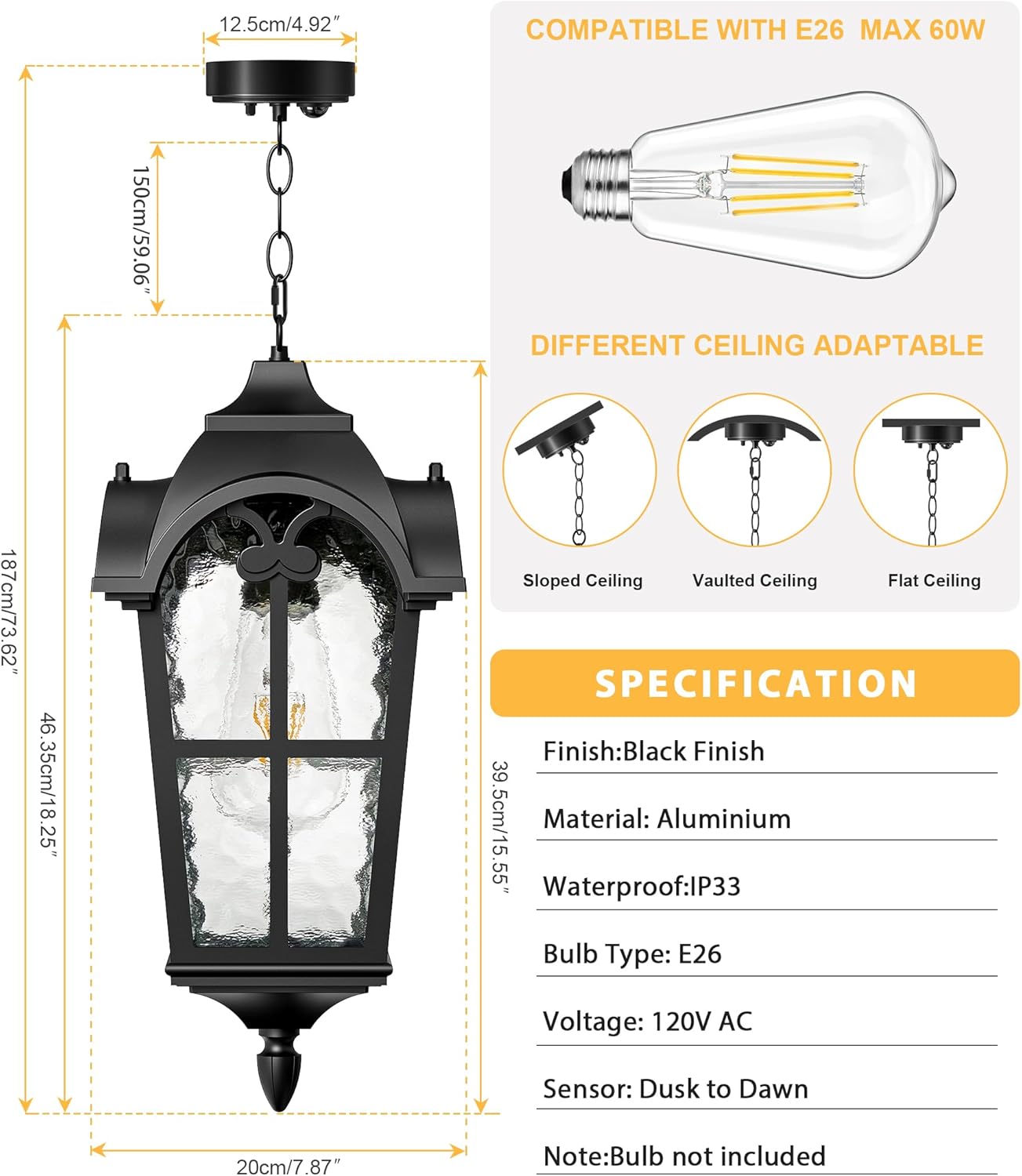 Motion Sensor Outdoor Pendant Light Modern Exterior Hanging Porch Lantern,18.2" Anti-Rust Aluminum Outside Chandelier Black Ceiling Mount for Patio Front Door Porch Entryway Foyer Gazebo