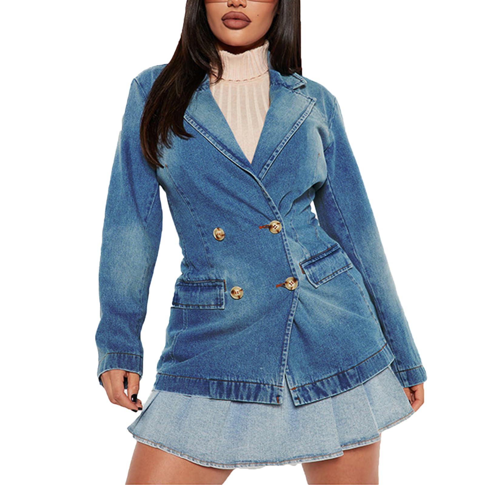 Chaqueta Vaquera con Solapa para Mujer Blazer Vaquera Lavada Vintage Chaqueta de Mezclilla de Trabajo de Manga Larga Moda Botones Abrigo Jean Cazadora Vaquera Informal con Bolsillos