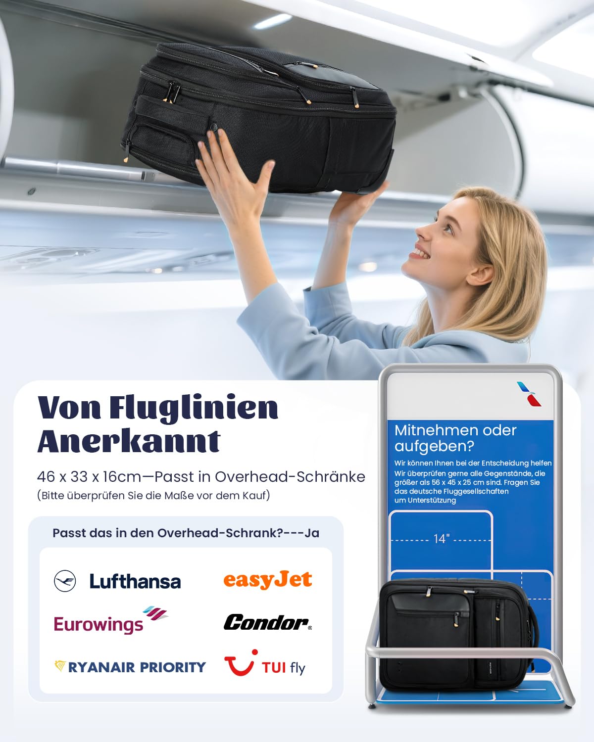 Ponhog Rucksack mit Rollen, Business Rucksack Trolley Handgepäck Flugzeug Reiserucksack Laptop Rücksack mit 15 Zoll Laptopfach Backpack für Uni, Arbeit, Schwarz