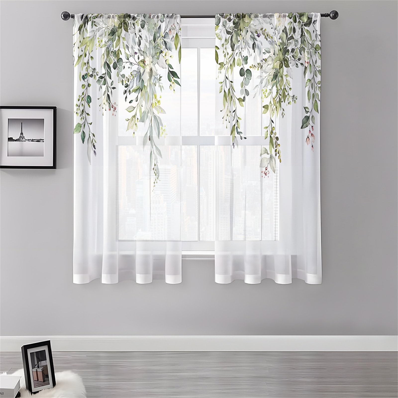 Surwin Net Curtains for Windows, Voile Curtain, 2 Panels Floral Plant Prints with Eyelets, Semi Transparent Lightweight Voile Panel for Living Room Bedroom Balcony Decorative (Leaves,130x183cm)