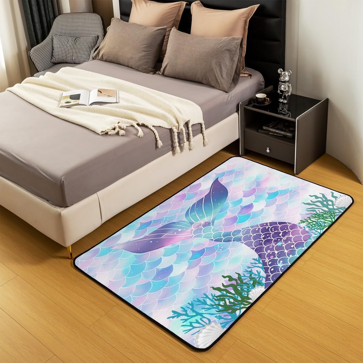 jejeloiu Mermaid Decor Carpet Area Rug 3x5 Kids Ocean Life Sea Animal Indoor Floor Mat for Boys Girls Teens Fish Scales Living Room Rugs for Bedroom Soft Non-Slip Princess Decor