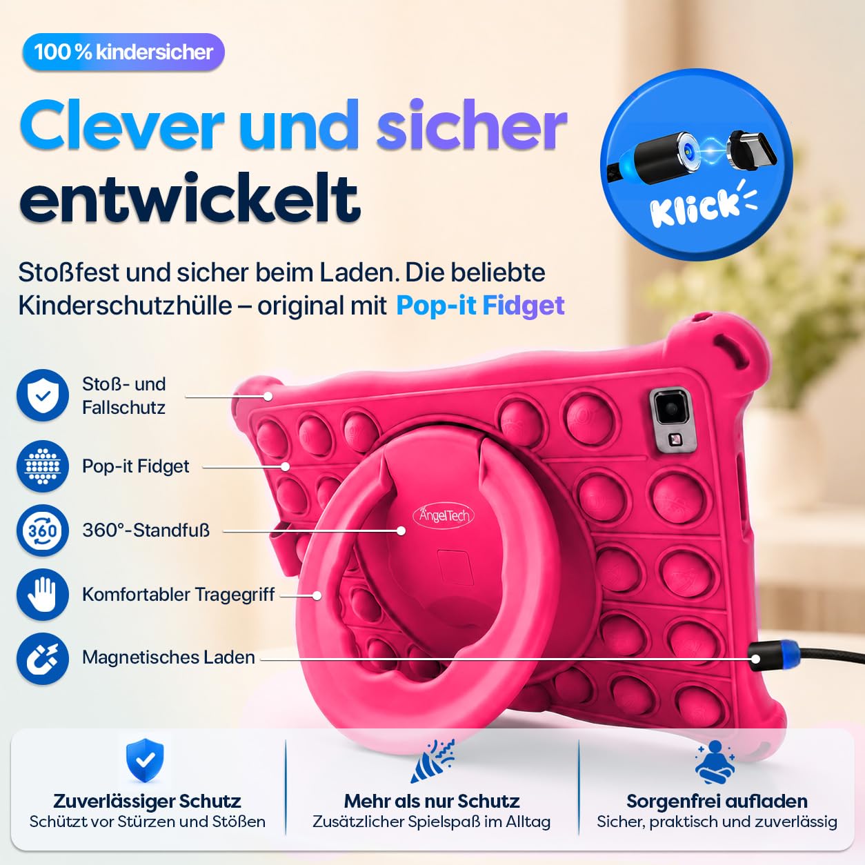 AngelTech Kindertablet XL Pro II – 10 Zoll HD 2025 – Android 16 Kinder Tablet mit Kindersicherung – 6GB RAM + 8GB virtuell, 128GB Speicher – Tablet für Kinder mit Schutzhülle – Rosa