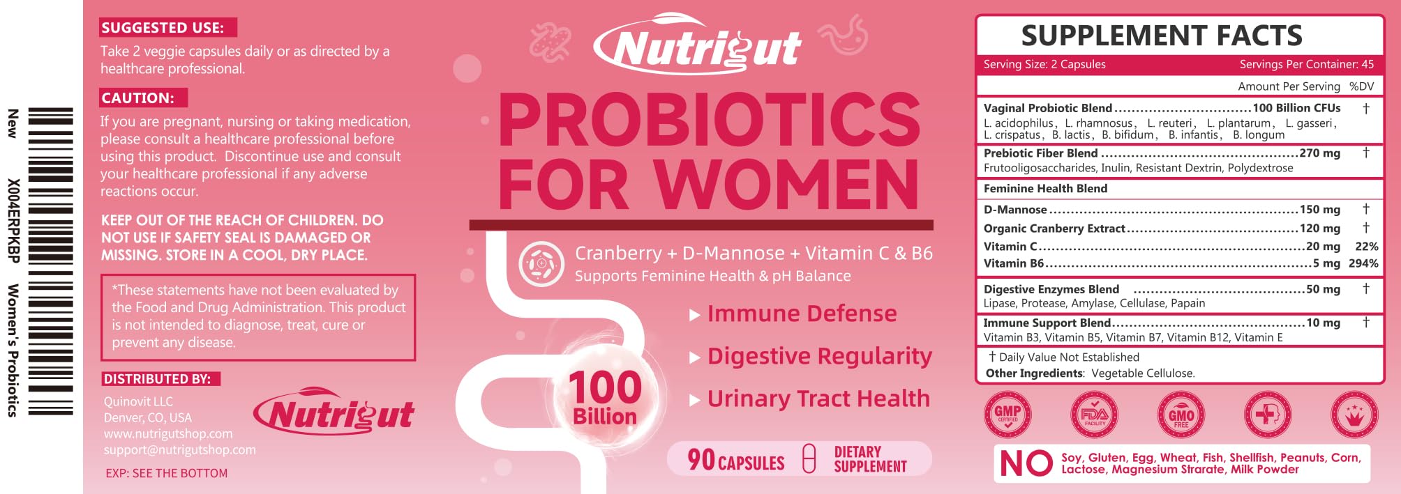 Probiotics for Women 100 Billion CFUs Probiotic and Prebiotics with Digestive Enzymes for Gut Health, Vaginal Probiotics with Cranberry and D-Mannose for Urinary Tract Health, pH Balance, 90 Capsules