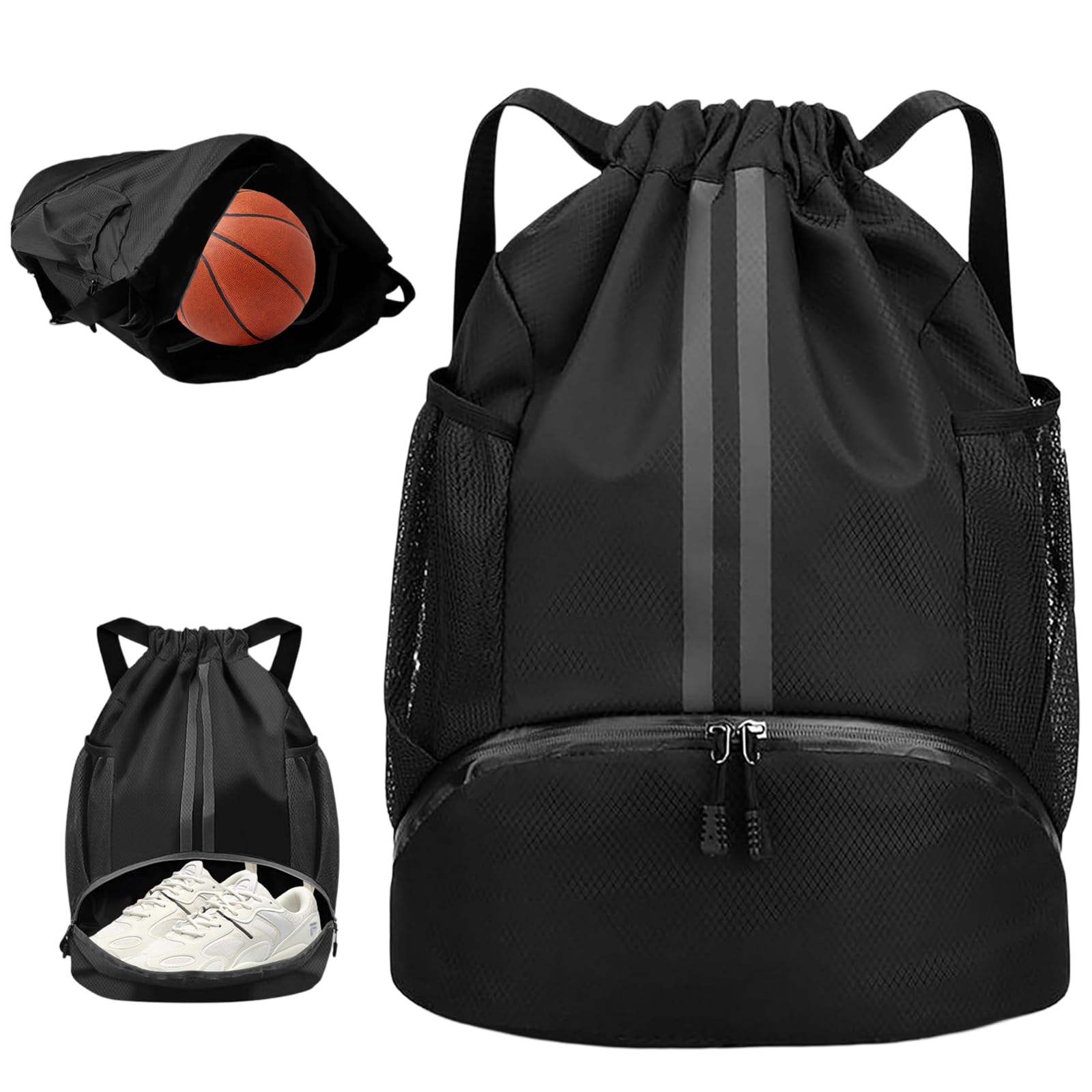 VEGCOO Drawstring Bags, Waterproof Gym Bag Unisex Oxford Basketball Volleyball Football Kit Bag for Swimming Gym Travel (Black)