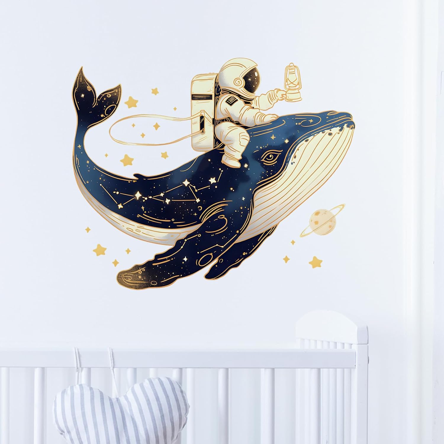 Astronaut and Whale Wall Decal Space Wall Sticker | Removable, waterproof, vinyl peel and stick space wall art with star for nursery, boy room, classroom, and living room