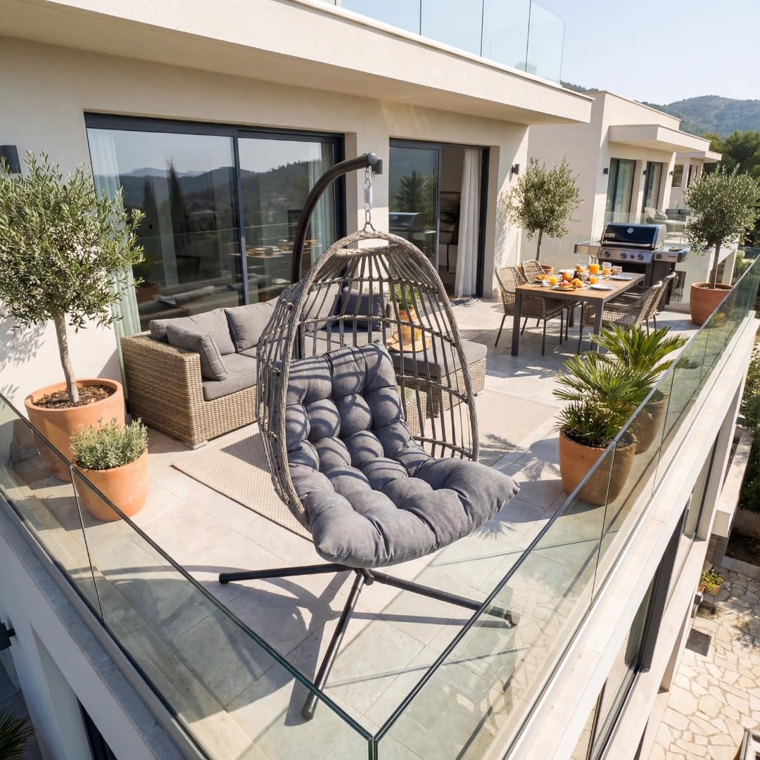 Der Hängekorb - Hängesessel mit Gestell, wetterfest inkl. Polster – Rattan Hängeschaukel für Garten & Indoor, Outdoor Schaukelsessel in Anthrazit