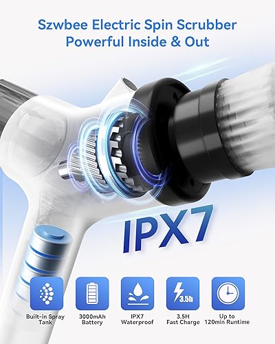 Miniatura 3 de Limpiador giratorio eléctrico de alta calidad, IPX7 impermeable con spray de espuma, cepillo de ducha y bañera de alta resistencia para baño, 300380