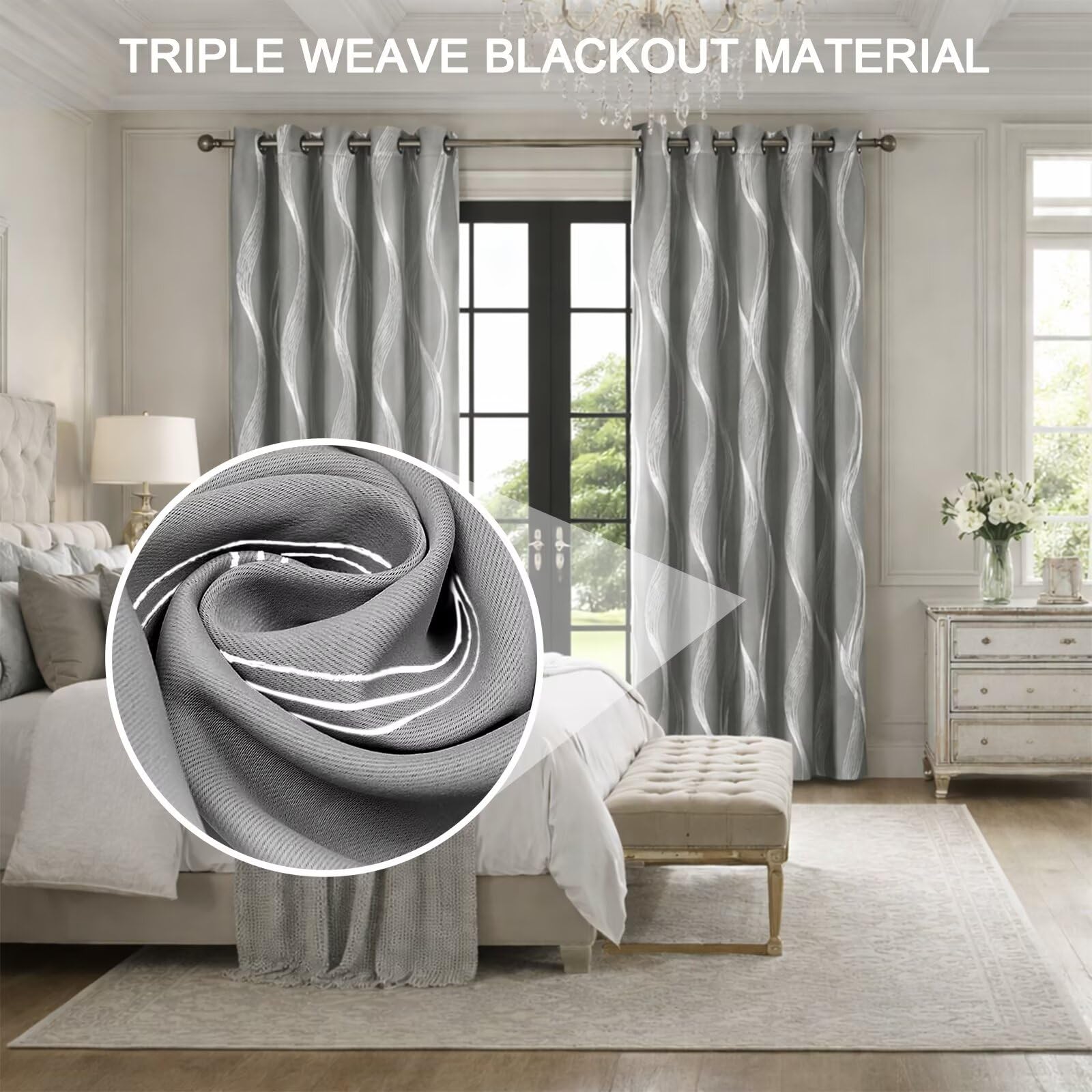 Lot de 2 Rideau Occultant Rideau à Oeillets, Rideaux Occultants Thermique Motif Ligne Argenté, Rideau de Porte Occultant pour Salon (Gris Clair, 130 x 270 cm)