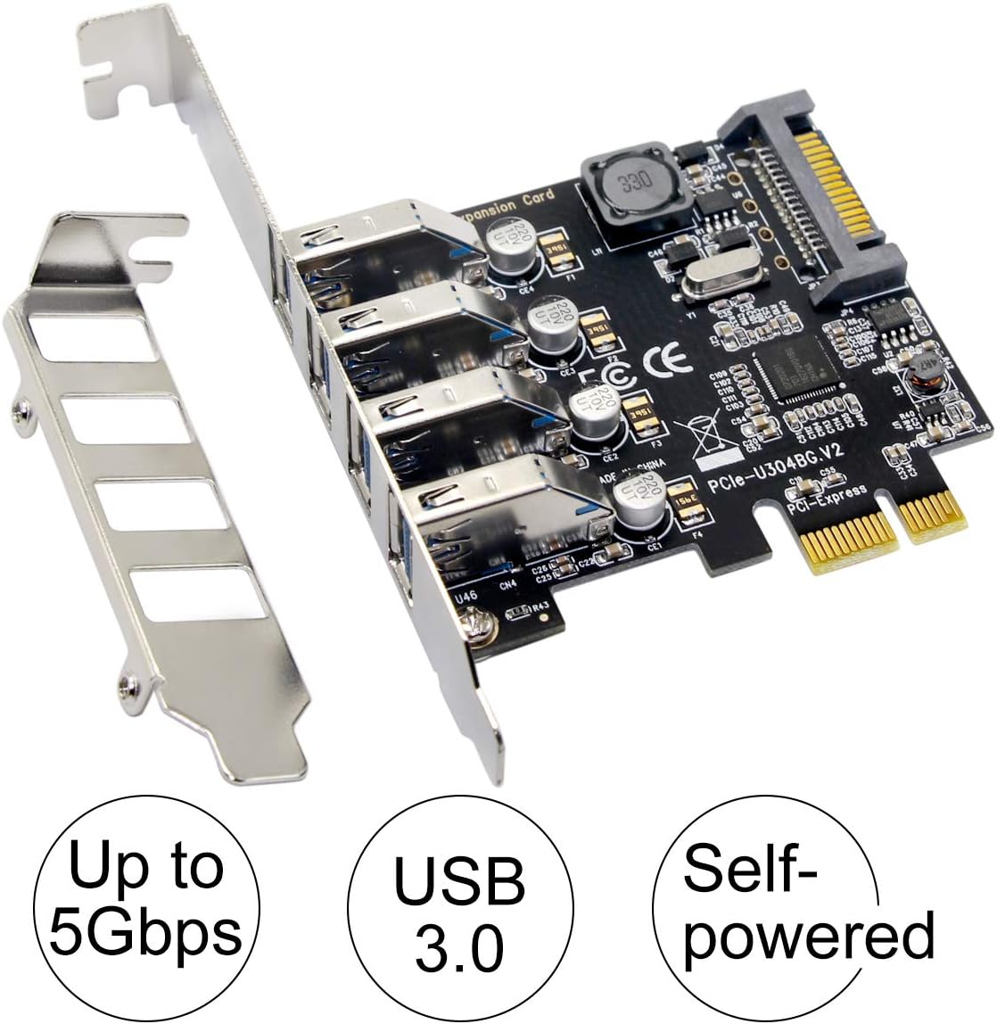 Ubit Superspeed PCI-E to USB 3.0 Expansion Card, U3N04S_BG USB 3.0 Card,USB 3.0 x 4 Ports Express Card Desktop with 15 Pin SATA Power Connector,Supported UASP for Desktop PC