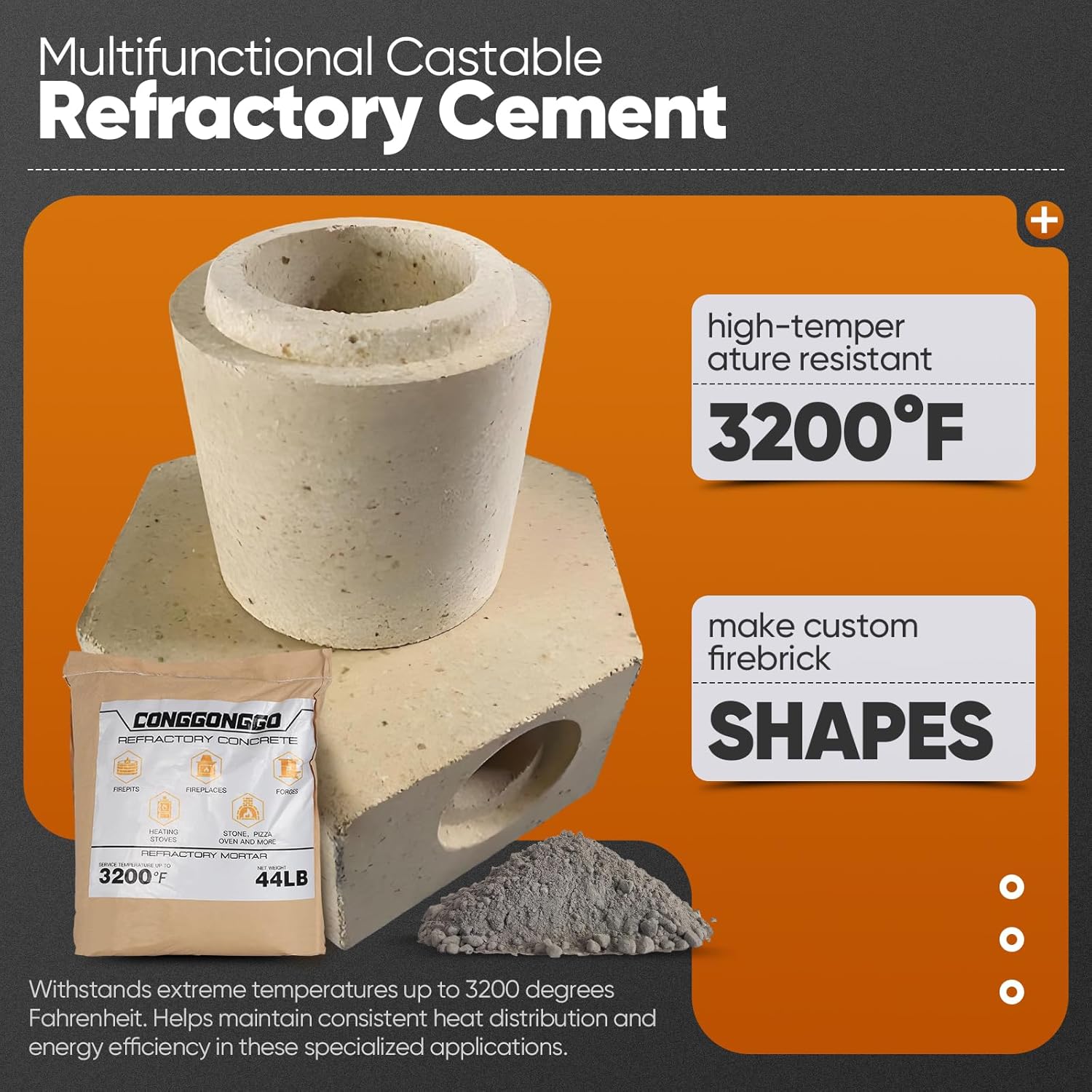 22 Lbs Castable Refractory Cement Mix - 3200°F High Temp, Heat & Fire Resistant for Pizza Ovens, Fireplaces, Forges, Kilns, Stoves - Build & Repair Mortar (22LB)