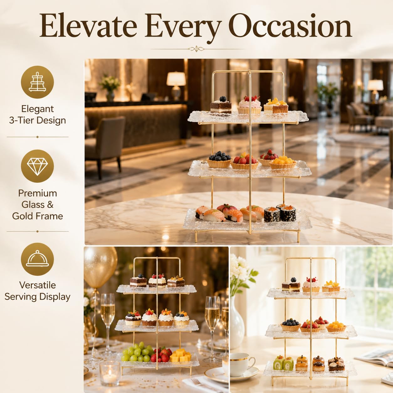 Alzatina per Dolci in Vetro e Ferro Dorato, Alzate per Buffet 4 Livelli, Espositore da Tavola per Dessert e Frutta, Vassoio da Portata Elegante , Lusso leggero, retrò, tre strati