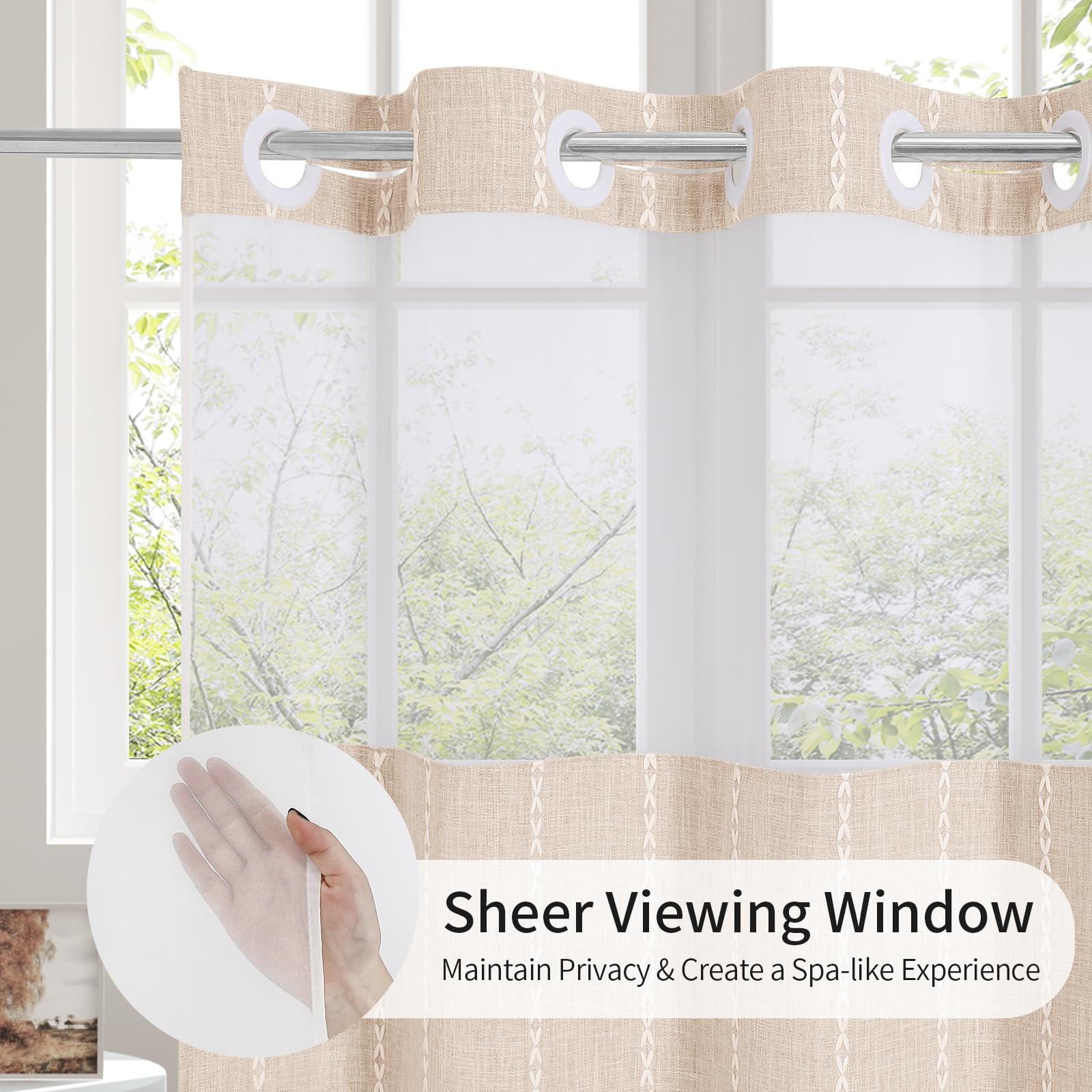 Cortina de ducha con forro a presión, no necesita ganchos, ventana e imanes, cortinas de ducha de tela de lino y algodón bohemio con borlas para decoración rústica de baño, beige/crema, 72 x 74