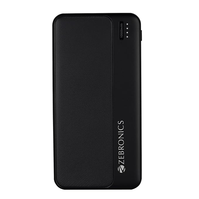 ZEBRONICS MB10000S5 Power Bank, 10000 mAh, 12W, Dual USB Output, Type C | Micro USB Inputs, Built in Protections, LED Indicator, Included USB to Type C Cable, Made in India, Black