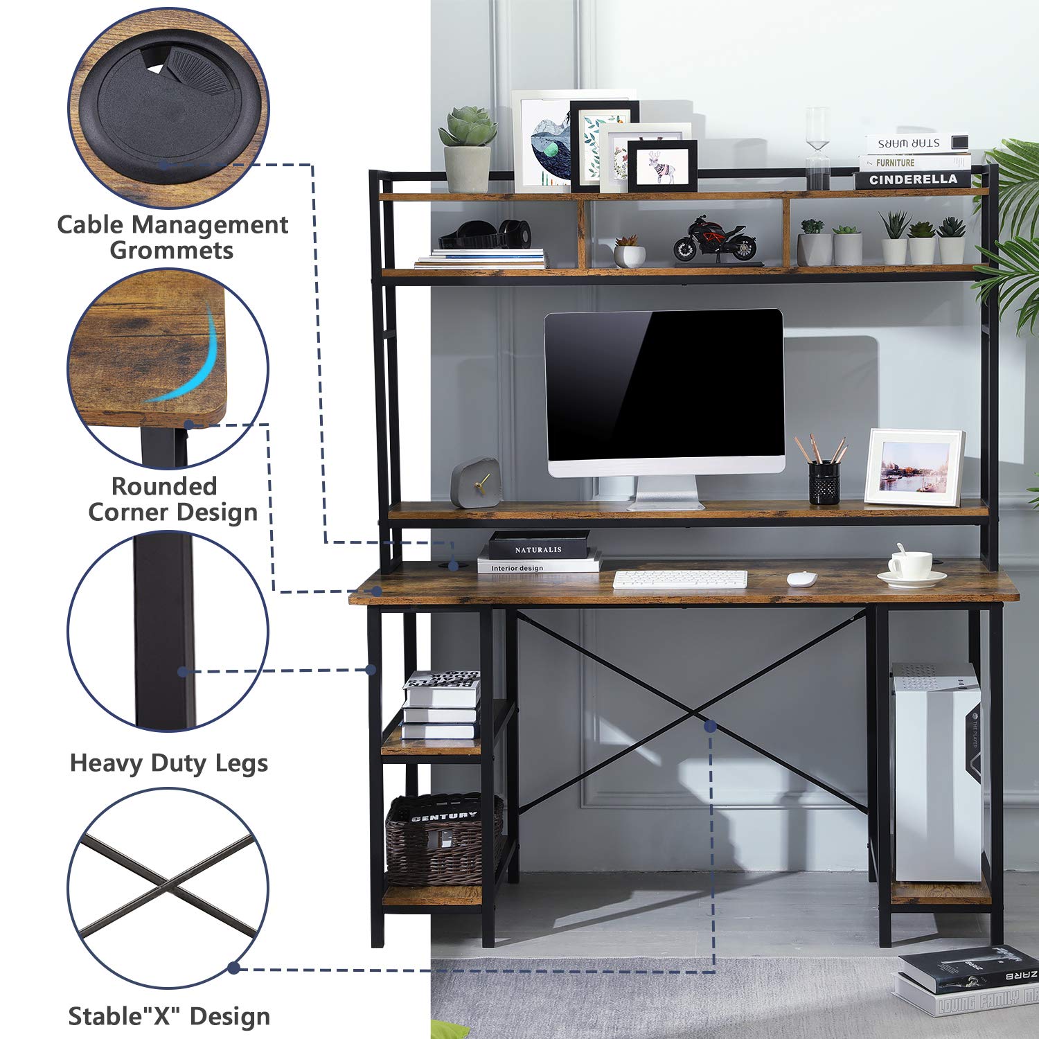 Sedeta Computer Desk with Hutch and Monitor Shelf, 55 Inches Industrial