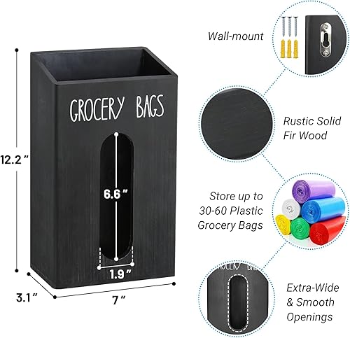Miniatura 6 de Soporte y dispensador de madera para bolsas de comestibles, soporte para bolsas de plástico montado en la pared y dispensador con aberturas extra
